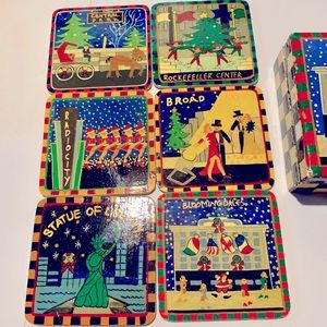 Vintage Bloomingdale's Drink Coasters (6) NYC Christmas Scenes In Lacquer Box